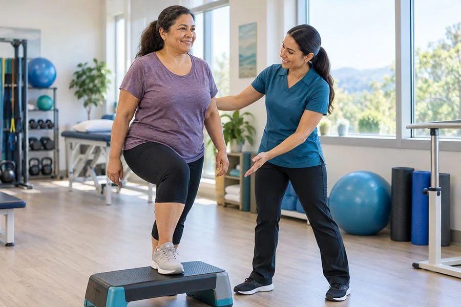 A patient receiving movement guidance during a therapeutic exercise session
