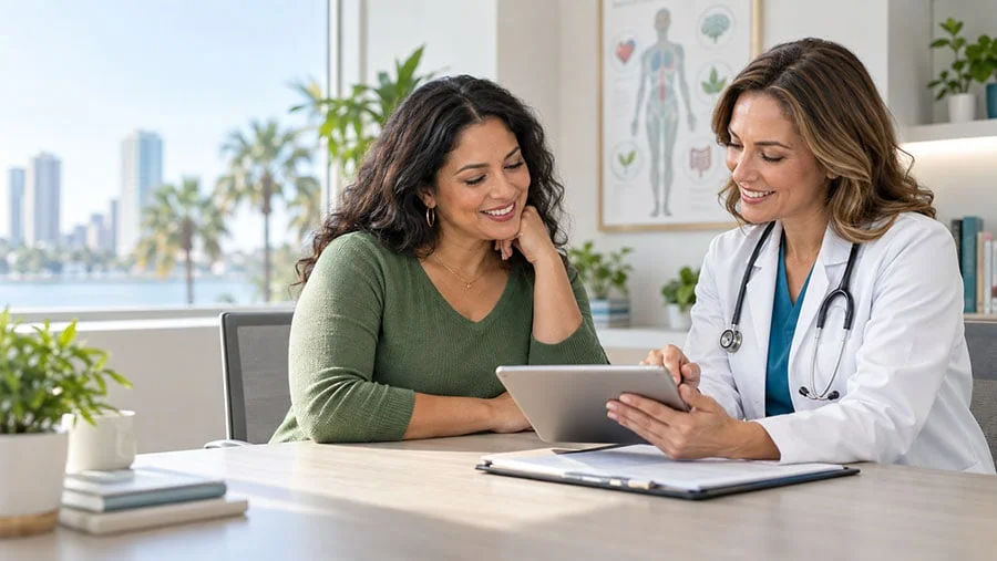A primary care provider reviewing medical weight loss information with a patient